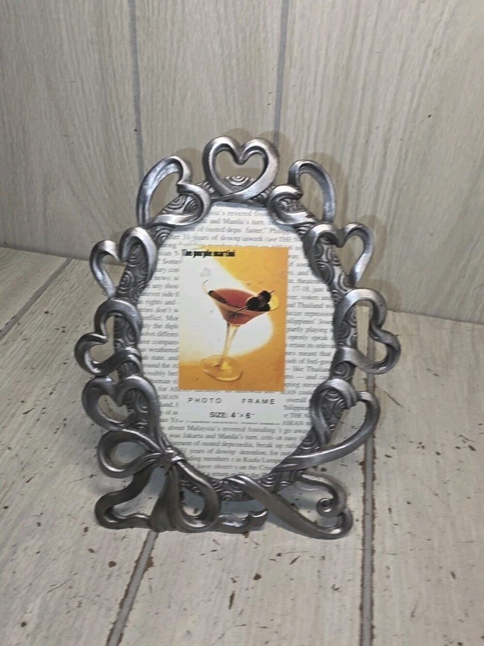 Vintage Pewter Multiple Heart & Bows Oval Picture Frame 4x6 Ornate Filigree
